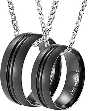 KnSam Edelstahl Paar Kette mit Ring Anhänger, 2 Stück Partnerketten für Sie und Ihn Gebürstet, Schwarz für Damen Herren (Breite 8MM, Länge 60cm/ 50cm, Damen 54 Herren 62)