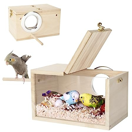 YSQEVN Sittich Nistkasten Vogelhaus Hölzerne Vogel Nistkasten Haustier Klein mit Rastplatz Warm Inkubation für Finken Sittich Wellensittich Unzertrennliche Papagei Zubehör 19.3×11.8×11.8cm