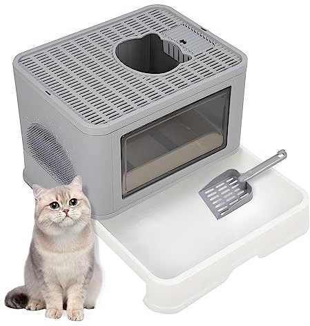 Fellie Large Foldable Cat Litter Box with Drawer Pan and Scoop, Easy Clean Hooded Cat Litter Tray with Lid, Grey