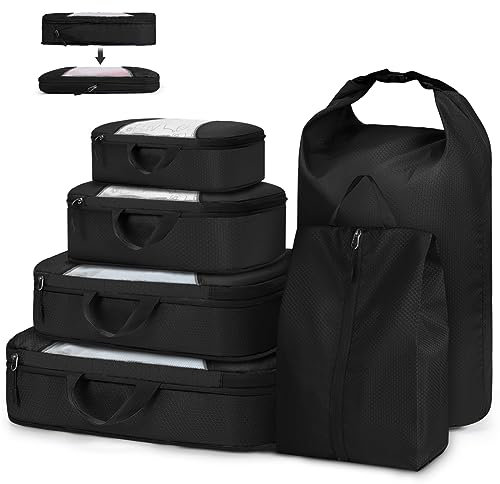 Lubardy Koffer Organizer Set Packing Cubes Compression 6 Sets Wasserdicht Reise Kofferorganizer Packwürfel Kompression Multifunktionale Leicht Packtaschen Kleidertaschen für koffer Rucksack Schwarz