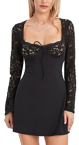 Loalirando Abito Aderente Donna Vestito Elegante Donna Maniche Lunghe Mini Abito da Sera in Pizzo Scollo a V Bodycon Vestito Sexy da Cocktail Festa Casual (Nero, L)