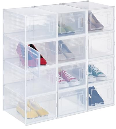 Relaxdays Schuhboxen 12er Pack, mit Tür, Schuhorganizer, stapelbar, Schuhe bis Größe 47, Lüftungsschlitze, transparent