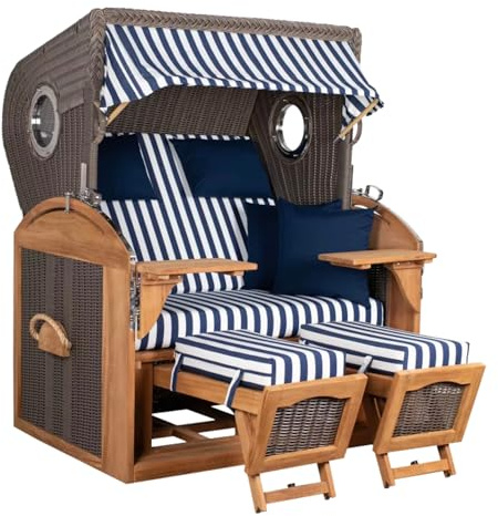 MR. DEKO Strandkorb Schillig Teak, Volllieger Strandstuhl Liegestuhl, PE Geflecht Grey, Teakholz, Bullauge, inkl. 4 Kissen, Wechselpolster Strandkörbe für Garten, Terrassen (Dessin 518)