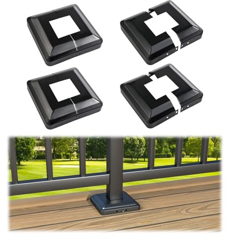 Muzata 4Pack 1x1 Black Post Base Cover with 3.6x3.6 Base Mounting Plate Galvanized Iron Post Cover Skirt Easy Fast Install No Screws Required for Deck Fence Porch PA32
