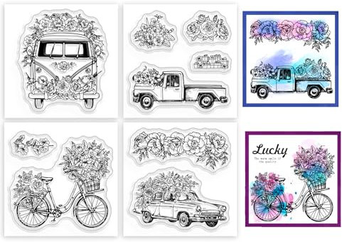 GLOBLELAND 4 Stück Transparente Mini Stempel Mit Blumen Und Transport Für DIY Scrapbooking, Mini Silikon Klare Stempelsiegel, Transparente Stempel Für Karten, Fotoalbum, Tagebuch, Heimdekoration