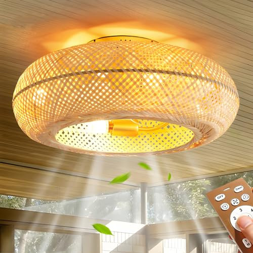 Wandun Deckenventilator mit Beleuchtung und Fernbedienung Retro Leise Ventilator Kronleuchter E27 Handgewebte Fan Deckenleuchte Rattan Bambus Deckenlampe für Wohnzimmer Esszimmer Lüfter Licht