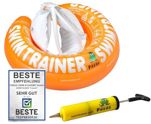 FREDS SWIM ACADEMY SWIMTRAINER Classic Orange + Handpumpe – Schwimmset für Kinder von 2 bis 6 Jahren, aufblasbare Schwimmhilfe mit praktischer Pumpe für schnelles Aufblasen