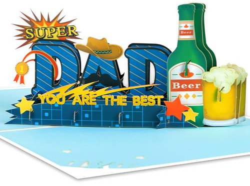 GREETING ART Pop Up Karte Vatertag,Super Papa Karte,Pop Up Karte Bier, Geburtstagskarte Papa, Ehemann, Großvater, Vatertagskarte, Ruhestandskarten für Männer