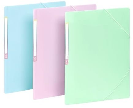 Viquel - 3 Stück Kunststoff-Mappe Rainbow Pastell - 3 A4 Sichttaschen mit Beschriftungsetiketten - Gummizugverschluss - blau/lila/grün