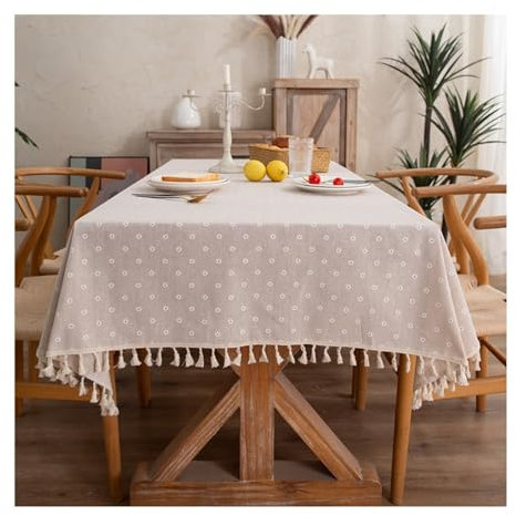 Lieson Rechteckige Tischdecken 140x200 cm, Polyester Baumwolle Tischtuch Abwaschbar Blumen mit Fransen Tischdecke für Geburtstag Party Hochzeit, Khaki Weiß