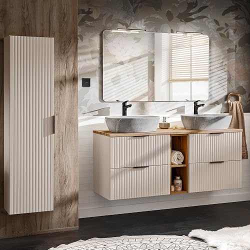 Lomadox Badezimmer Badmöbel Set mit 140cm Waschtisch, 3-teilig, in Kaschmir und Eiche, mit Keramik-Waschbecken, Spiegel, LED-Beleuchtung, Hochschrank