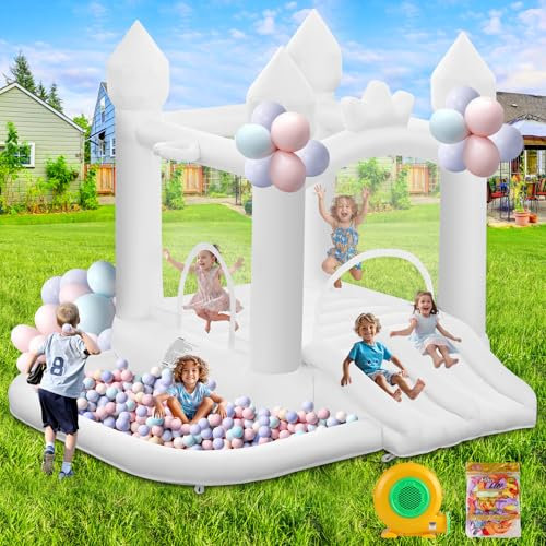 hüpfburg Kinder Weißes hüpfburgen Doppelschiebe mit gebläse 323 ×284 ×223 cm,aufblasbares Schlag Schloss Dia Ball Grube für Innenhinterhof Hochzeit Kinder Geburtstagsfeier Wasserpark