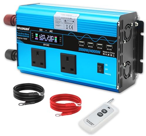 Yinleader 2000W Pure Sine Wave Inverter, 4000W Peak 12V to 230V 240V Car Power Converter with LCD Display, 2 UK Outlets, 4 USB-A Ports, Remote Control for Motorhomes, Truck, Boat, Camping