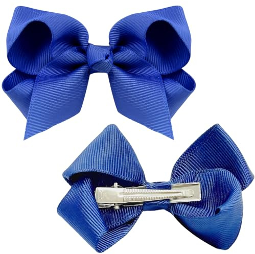 2Pcs Ribbon Hair Bow Clips Barrettes, 3 Inch Ponytail Holder With Duckbill Clip for Children Kids Girls Women (Blue)