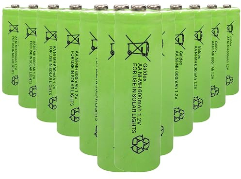 Galdex 12 Pack AA Rechargeable Solar Light Batteries 1.2V 600mAh Ni-MH Pre-Charged Double A Solar Battery for Indoor Outdoors use in Garden Lawn Lamps, String Lights (AA 600mAh, 12 Pack)