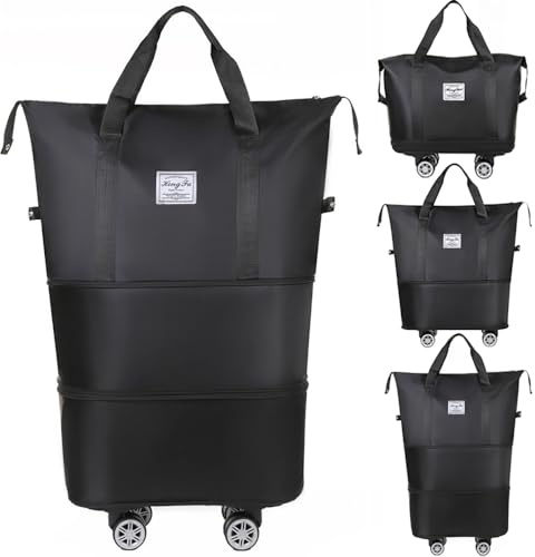 Kaxich Rolling Duffel Bag with Wheels, Expandable Foldable Travel Bag Carry-on Luggage Bag Large Suitcase with Detachable Wheels for Gym, Camping, Travel or Business Trip (Black)