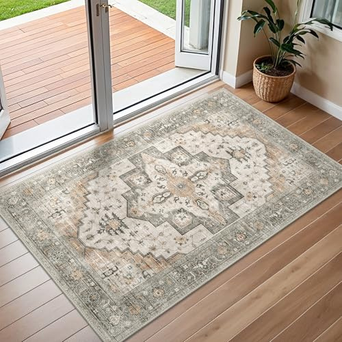 BEIMO Alfombra Salon Pelo Corto Vintage, Alfombra Dormitorio, Alfombras Antideslizantes Lavables para Cocina, Alfombras Persas para Entrada, Soggiorno, Beige, 60x90cm