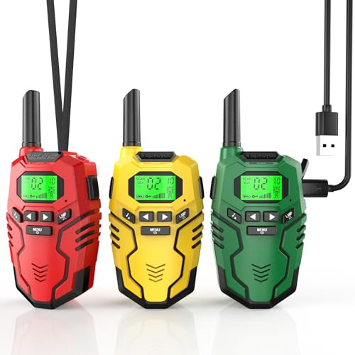 Inspireyes Walkie Talkie Niños Recargable, 48 Horas de Tiempo de Trabajo, 3 kilómetros de Largo Alcance, Regalos de Cumpleaños, Juguetes al Aire Libre para niños de 3 a 12 años, Paquete de 3