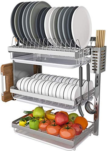 SaryEdge Wandmontiertes Küchenregal, 3-lagiges Abtropfgestell aus Edelstahl 201, Geschirrständer an der Wand ohne Perforation, Farbe Silber, 555 266 412 cm(