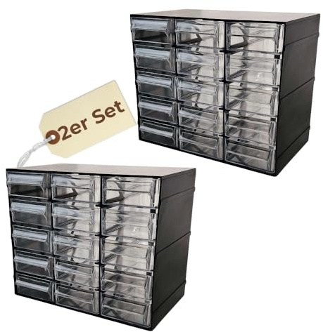 2er Set Sortimentskasten 15 Fach Sortierkasten für Kleinteile Organizer Schrauben Sortierbox Kleinteilemagazin Sortimentsboxen