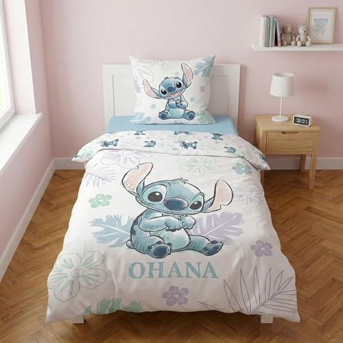 Stitch Ohana Bettwäsche 140x200 + Kissenbezug 65x65 100% Baumwolle Geschenk | Wendebettwäsche Einzelbett | Naturbaumwolle atmungsaktiv Oeko-Tex | Disney Lilo & Stitch | Jugendliche | Maschinenwaschbar