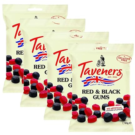 Taveners Red & Black Gums 4 Pack - Classic Chewy Fruit Jelly Sweets Vegan & Gluten-Free - Raspberry & Blackcurrant Flavour Gummy Treats - Vegetarian Friendly 165g (660g Total) + Free Cheeroo Magnet!