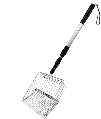 Kattströskopa med långt handtag - robust siktkudde scooper för flera katthus | Avtagbar finmasksspade för kycklingavfall, små djurdroppar, n