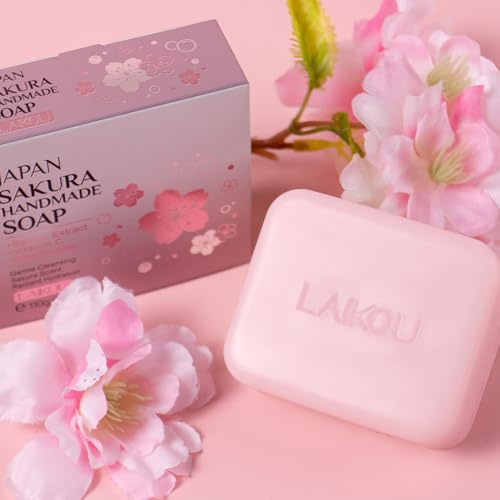 LAIKOU Sakura Handmade Bar, 3 x 110g Soap with Niacinamide & Vitamin C for Soft, Radiant Skin, Face Skincare for Moisturising & Gentle Cleansing, Luxury Facial & Body Soap, With Foaming Net