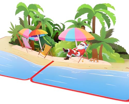 BIROYAL Weihnachtskarte 3D 2027 mit Umschlag - Pop Up Karte Weihnachten - Pop Up Weihnachtsmann & Strand - Christmas Card - Gutschein Weihnachten, Weihnachtsgeschenke für Frauen, Kinder, Freunde