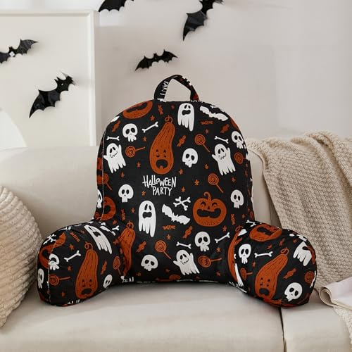 Guchuang Halloween Velveteen Cuddle Cushion - Ghost Pattern Reading Pillow for Adults & Kids, Designed for Bed and Couch Sitting Up, Includes Arms, Handle and Washable (Black, 64x46x25cm)