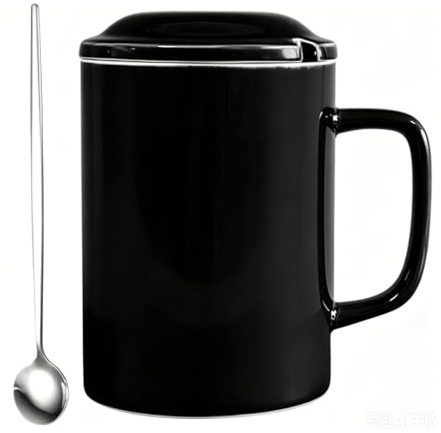 NIUKOMY Tazza Jumbo Grande 1000ML, Tazze Gigante, Tazza da Caffè Extra Large in Ceramica con Coperchio e Cucchiaio per Ufficio e Casa, Nero