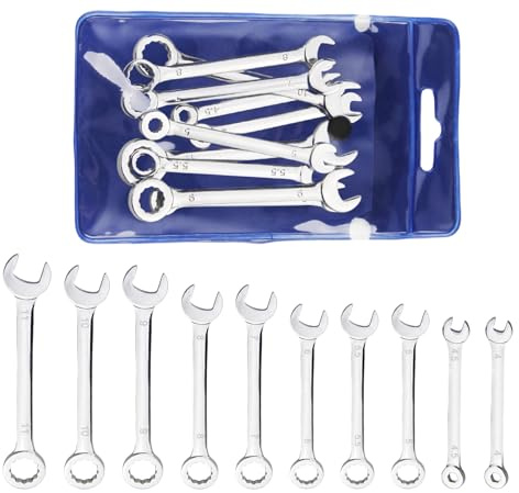 Mini Spanner Set, Metric 4-11mm Combination Ratchet Wrench, Small Dual-use Open End and Box End Ignition Wrenches, Thin Repair Tool with Portable Storage Pouch for Home Appliance Industry (10Pcs)