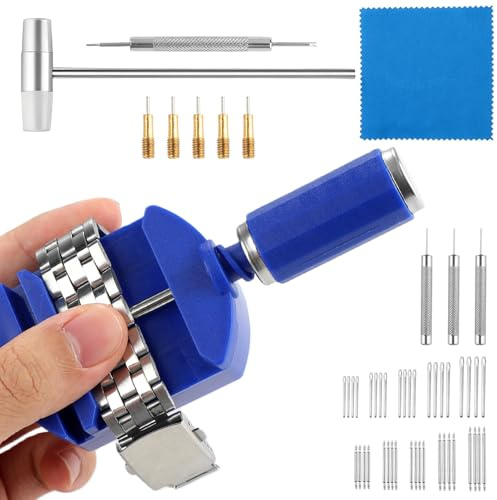 UIHRLM Watch Link Removal kit, Watch Bracelet Pin Removal Tool with Head Hammer & Remover Spare Pins, Watches Band Strap Adjustment Resizing kit Replacement Pins for Strap Repair (Blue)