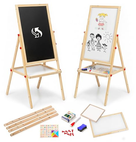 FB FunkyBuys 100cm Kids Easel Double Sided with Magnetic Whiteboard & Chalk Board for Kids, 54pc Magnetic Letters and Numbers for Children, Coloured Chalk, Dry Erase Marker & Whiteboard Eraser Sponge