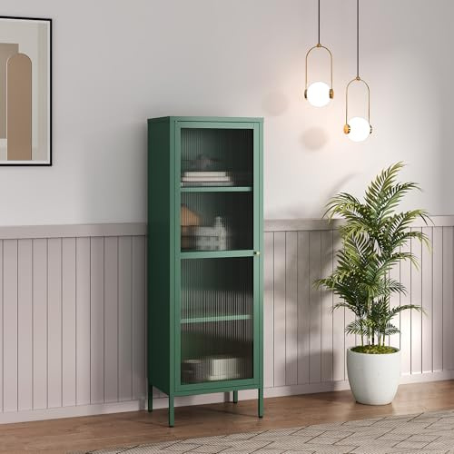 [en.casa] Armadio a Vetrata con 4 Scomparti Credenza Alta Libreria Espositiva Vetrinetta Anta in Vetro Semitrasparente Scanalato 150 x 50 x 35 cm Mobile in Acciaio - Verde Abete