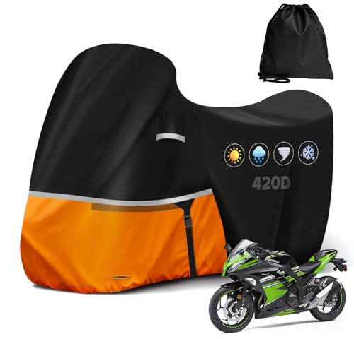 DTNESS Waterproof Motorcycle Cover for Kawasaki Ninja 400/500/650 Z900 ZX6R (No Trunk Models), 420D Oxford Cloth Heavy Duty Motorbike Cover for Snow Rain UV Dust All Weather Outdoor Protection