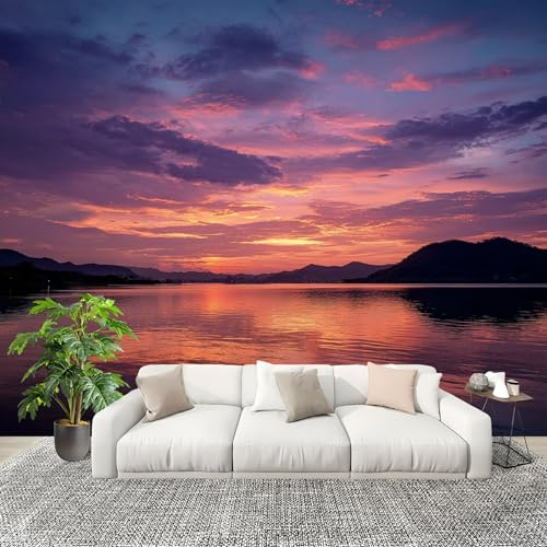 Papel Pintado Salón Dormitorio Lago Y MontañAs Al Atardecer - Fotomurales Pared Tejido No Tejido Decorativos Murales PúRpura Fotográfico Moderno Decoración de Paredes (200x140 cm)