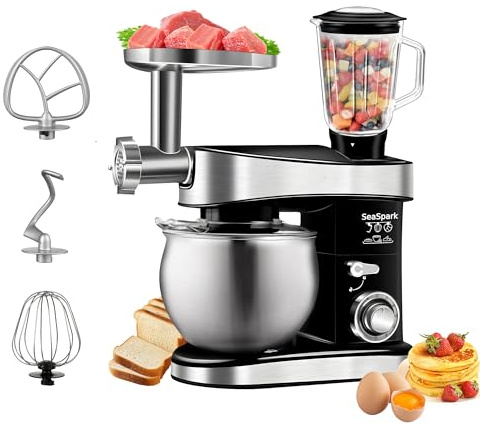SeaSpark Multifunctional Stand Mixer, 6 in 1 Stand Mixer, 6.3Qt Tilt-head, Standing Mixer with Stainless Steel Bowl, Meat Grinder, Juice Blender, for professional Baking and Most Home Cooks, Black