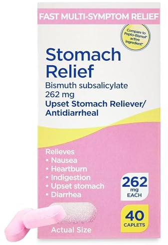 Stomach Relief Bismuth Subsalicylate Caplets 262mg, 40 Count – Fast Relief for Upset Stomach, Nausea, Heartburn, Indigestion, Gas & Diarrhea – Antidiarrheal and Digestive Support Tablets