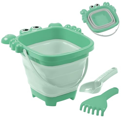 Activo Collapsible Beach Bucket for Kids Fold Flat Sand Toy Set with Crab Sandcastle Mould Lightweight Carry Handle for Beach Garden Water Play