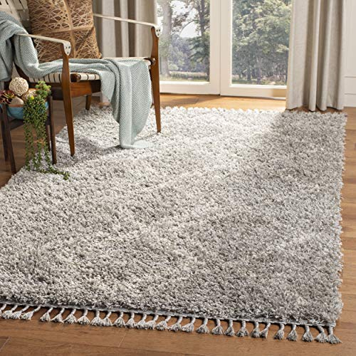 SAFAVIEH Pro Luxe Shag Collection Area Rug - 9' x 12', Grey & Cream, Moroccan Boho Tassel, Non-Shedding & Easy Care, 2.4-inch Thick Ideal for High Traffic Areas in Living Room, Bedroom (PLX432F)