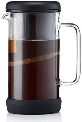 Barista & Co One Brew Single Coffee Maker - Reusable Tea and Coffee Strainer with Borosilicate Glass Beaker, Metal Filter and Anti-Slip Silicone Base- Black 4 in 1 Manual Coffee and Tea Infuser