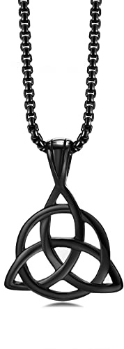Celtic Knot Necklace for Men Women - Stainless Steel Good Luck Infinity Irish Jewellery Triquetra Triangle Witches Knot Pendant With 24 Rolo Chain, Goddess Gifts For Birthday Christmas, Black