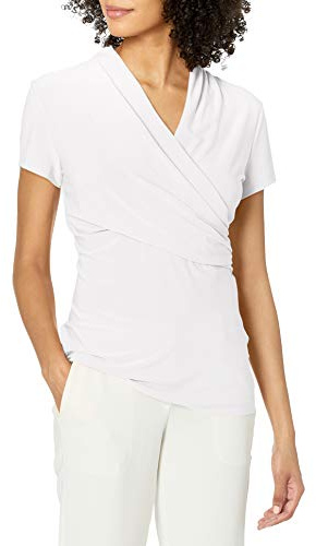DKNY Women's Short Sleeve Cross Front Suit Blouse Shirt, White, L