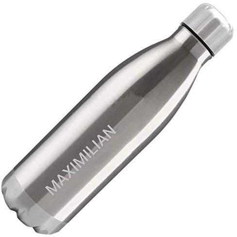 Edelstahl Trinkflasche mit Namen graviert - 500ml isolierte Thermosflasche individuell beschriftet (Silber)