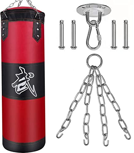 Saco de Boxeo Pesado con Cadena de Acero, Gancho de Extensión y Hebilla de Seguridad, Duradero Bolso De Boxeo Non Relleno para Colgar en el Techo, 100cm