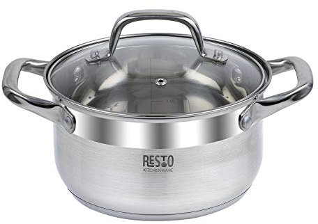 RESTO Edelstahltopf 18 cm, klein, small cooking pot 2 l - Milchtopf – Edelstahl Kochtopf für alle Herdarten auch Induktion – beschichteter Topf mit hitzebeständigem Glasdeckel, Messskala Silber