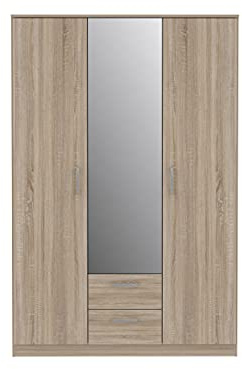 FORTE NIKO Schrank 120 130, Kleiderschrank mit Spiegel, Drehtürenschrank Skandinavisch 3-türig, mit 2 Schubladen, Einlegeböden und Kleiderstange, Sonoma Eiche, 123 cm breit x 185 cm hoch x 53 cm tief