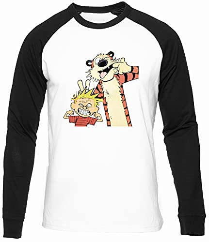 Calvin and Hobbes Männer Frauen Unisex Baseball T-Shirt Weiß Schwarze Ärmel Rundhals Men Women White Round Neck S