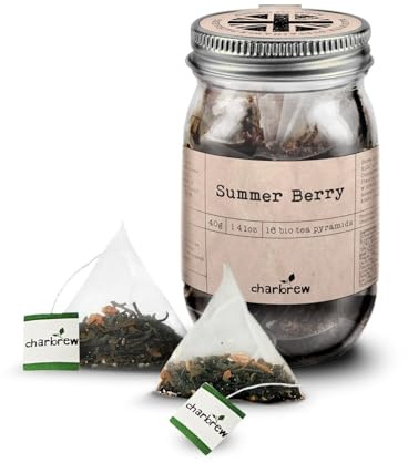 Charbrew Summer Berry Tea - 16 Fine Mesh Pyramid Teabags with String & Tag in Reusable Glass Mason Jar | Premium Black Tea Blend with Elderberries, Blackcurrants, Strawberry & Amaranth Petals